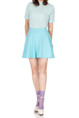 Basic Solid Stretchy Cotton High Waist A-line Flared Skater Mini Skirt_Aqua Sky