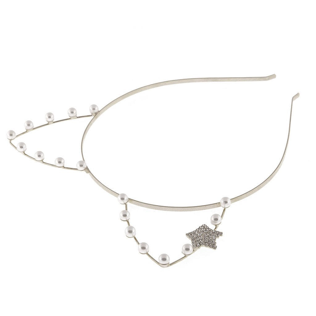artificial pearl cat ear headband with rhinestone star silver
