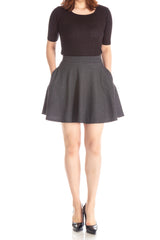 [With Pockets] Basic Solid Stretchy Cotton High Waist A-line Flared Skater Mini Skirt_Charcoal Gray