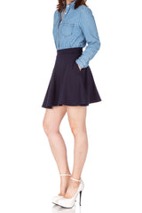 [With Pockets] Basic Solid Stretchy Cotton High Waist A-line Flared Skater Mini Skirt_Navy Blue