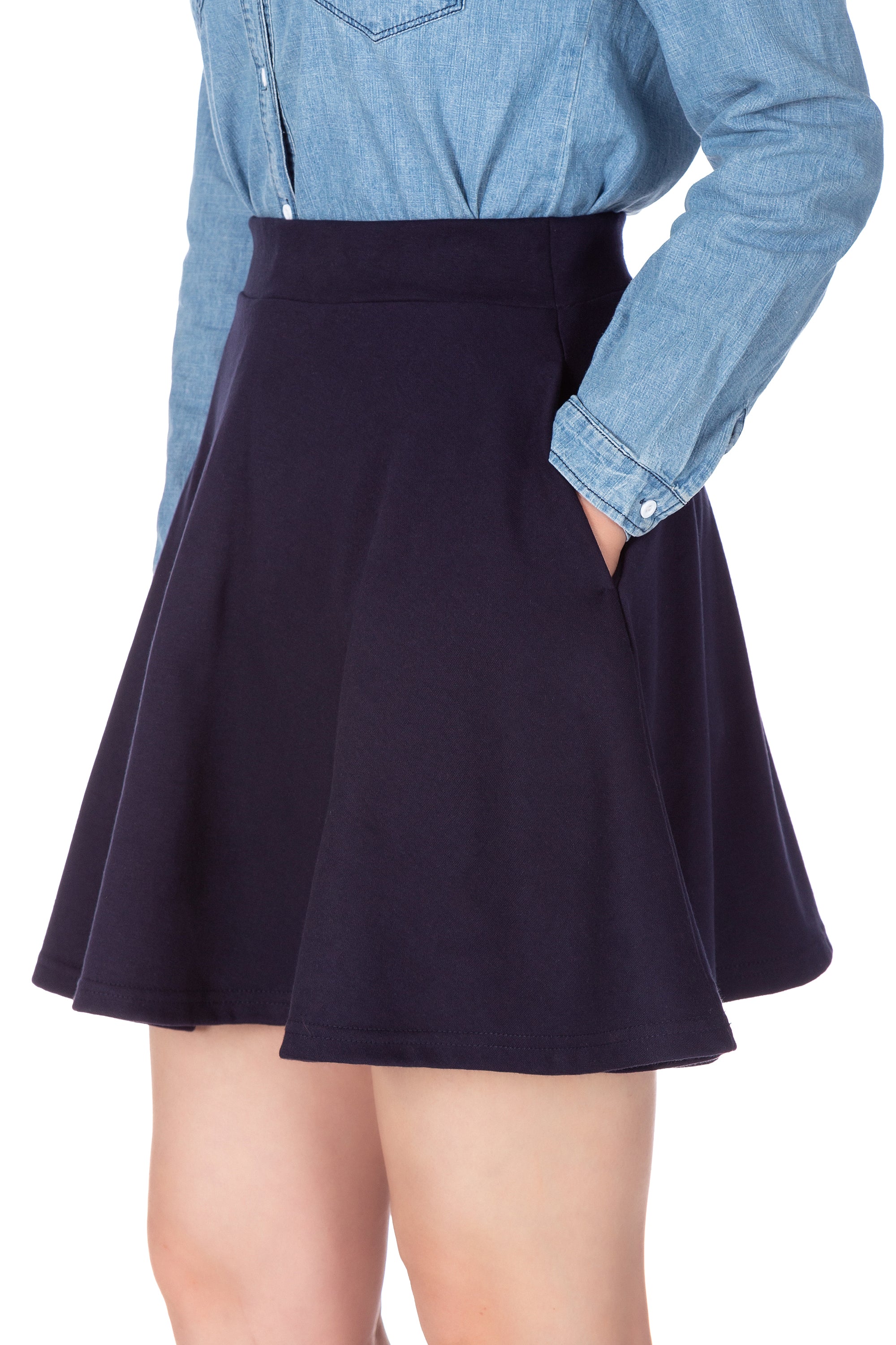 [With Pockets] Basic Solid Stretchy Cotton High Waist A-line Flared Skater Mini Skirt_Navy Blue