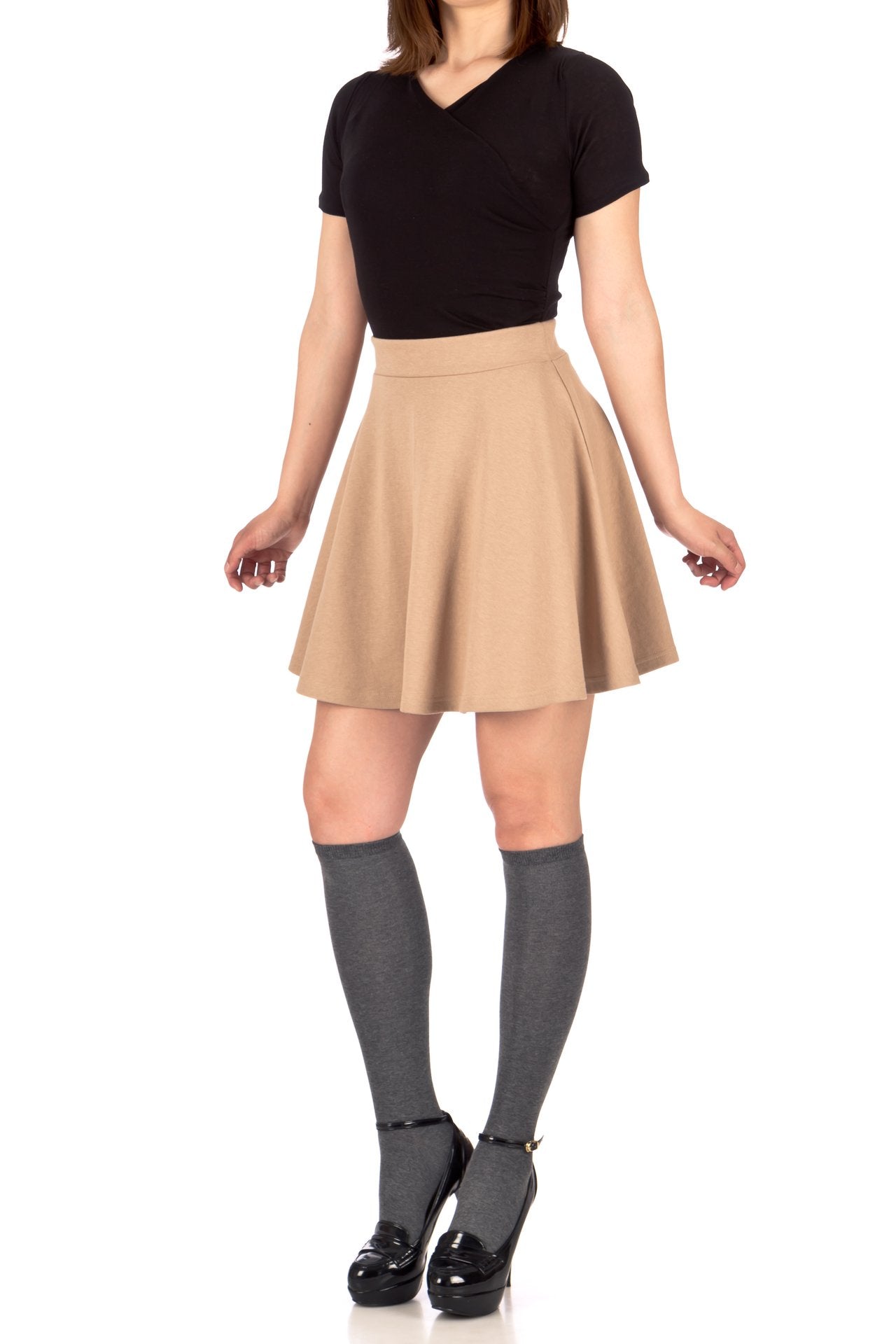 Basic Solid Stretchy Cotton High Waist A-line Flared Skater Mini Skirt_Beige
