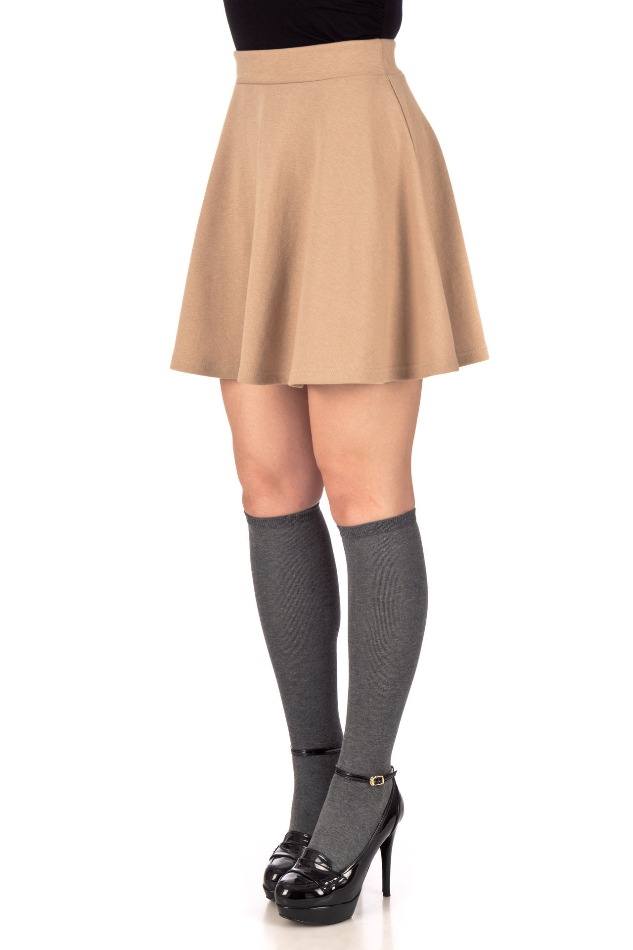 Basic Solid Stretchy Cotton High Waist A-line Flared Skater Mini Skirt_Beige
