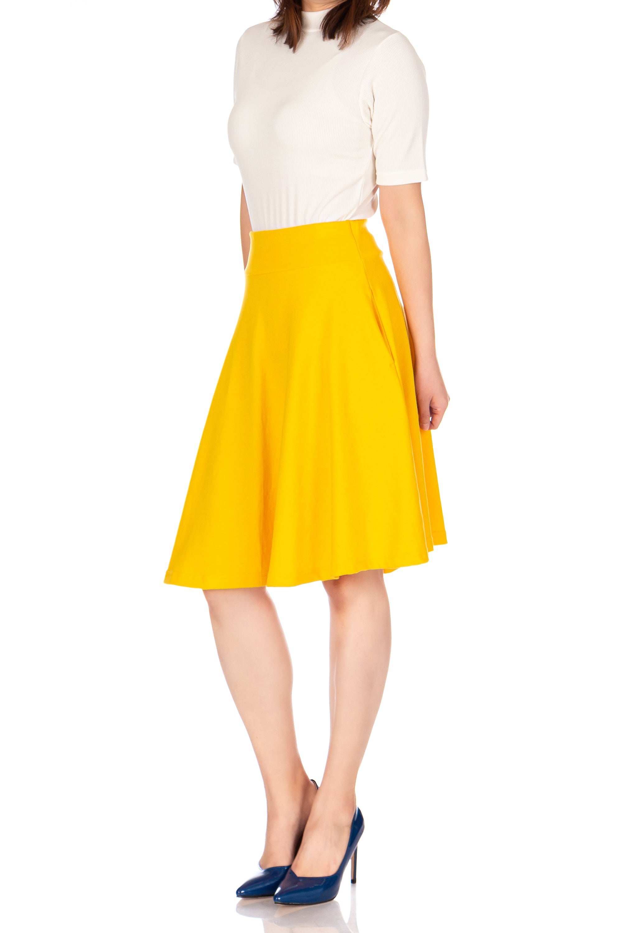 Tidy Women's Cotton Blend High Waist Aline Hidden Pockets Full Flared Circle Skater Knee Length Skirt_Yellow