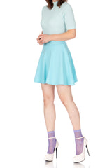 Basic Solid Stretchy Cotton High Waist A-line Flared Skater Mini Skirt_Aqua Sky
