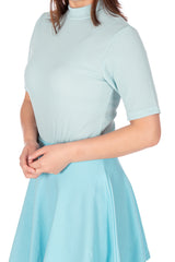 Basic Ribbed Mock Neck Fitted T-Shirt Top with Short Sleeve_Mint