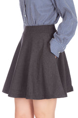 [With Pockets] Basic Solid Stretchy Cotton High Waist A-line Flared Skater Mini Skirt_Charcoal Gray