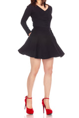 [With Pockets] Basic Solid Stretchy Cotton High Waist A-line Flared Skater Mini Skirt_Black
