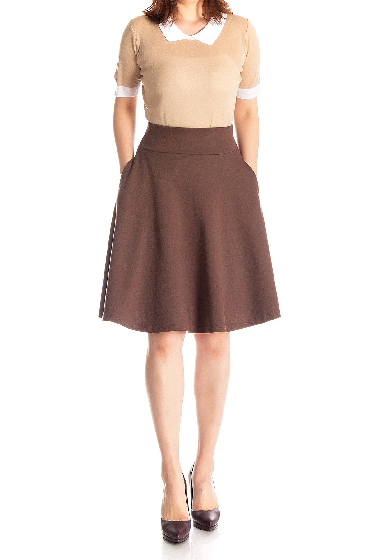 Tidy Women's Cotton Blend High Waist Aline Hidden Pockets Full Flared Circle Skater Knee Length Skirt_Brown