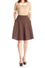 Tidy Women's Cotton Blend High Waist Aline Hidden Pockets Full Flared Circle Skater Knee Length Skirt_Brown