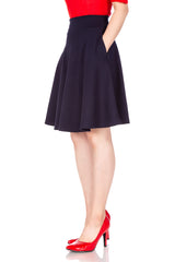 Tidy Women's Cotton Blend High Waist Aline Hidden Pockets Full Flared Circle Skater Knee Length Skirt_Navy Blue