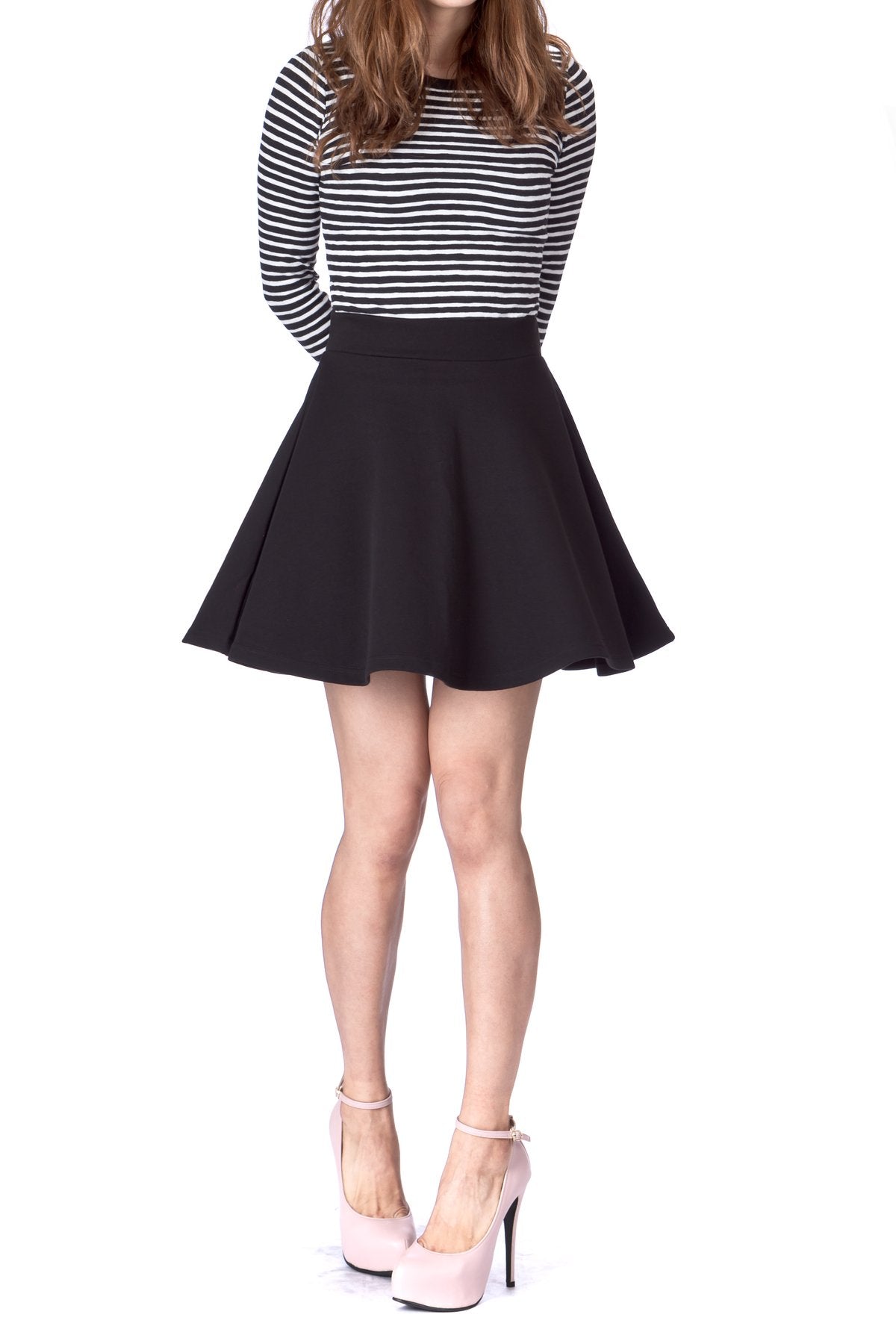 Basic Solid Stretchy Cotton High Waist A line Flared Skater Mini Skirt Black 01 1
