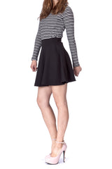Basic Solid Stretchy Cotton High Waist A line Flared Skater Mini Skirt Black 04 1