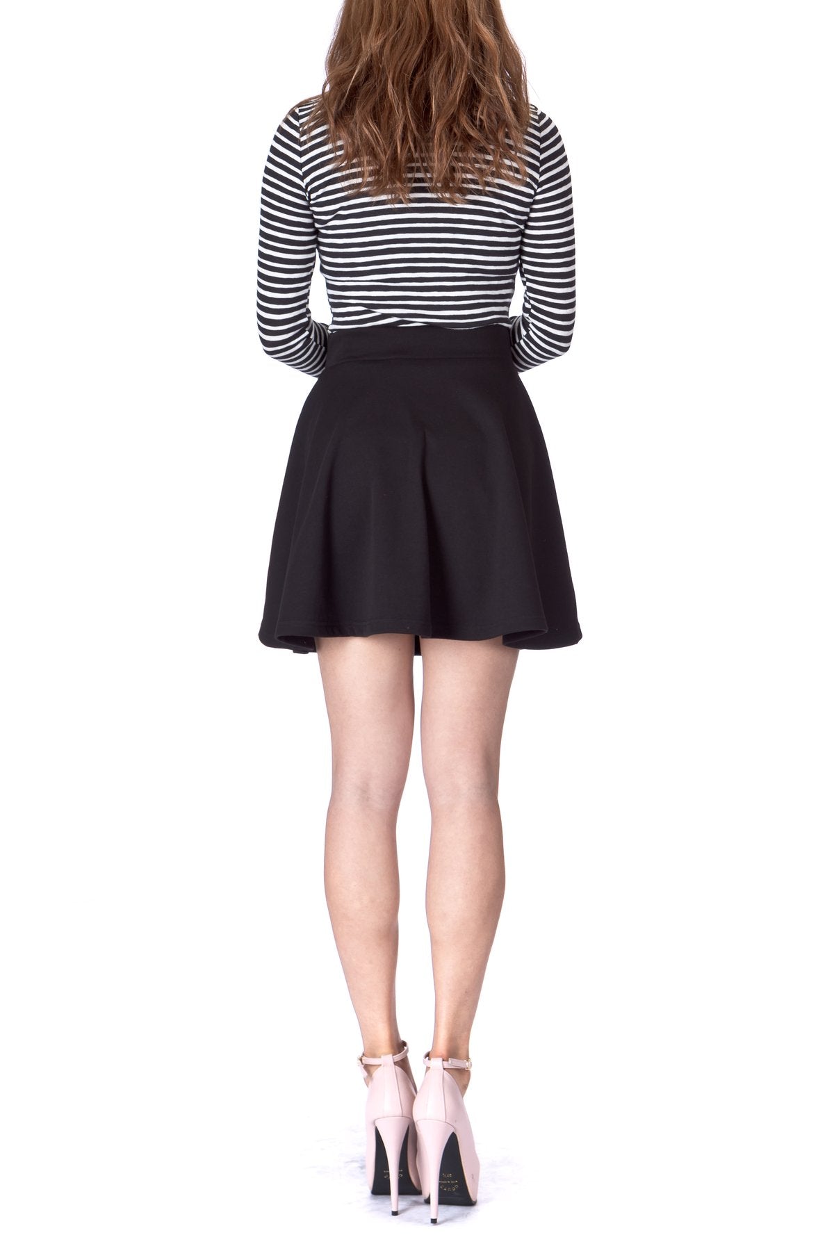 Basic Solid Stretchy Cotton High Waist A line Flared Skater Mini Skirt Black 05 1